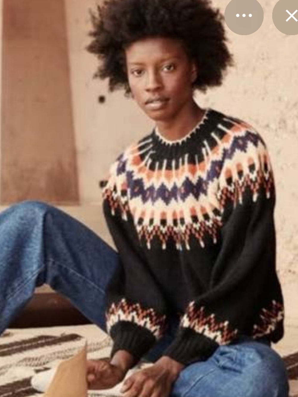 Doen Black Aberdeen Field Fair Isle Sweater Orange & Cream Size S